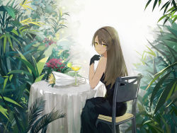 Rule 34 | 1girl, absurdres, black dress, black gloves, bouquet, chair, closed mouth, commentary request, cup, dress, flower, food, fruit, girls&#039; frontline, gloves, grey hair, hair between eyes, hairband, hei chuan gui, highres, lime (fruit), lime slice, long hair, looking at viewer, one side up, plant, smile, star-shaped pupils, star (symbol), symbol-shaped pupils, table, ump40 (girls&#039; frontline), yellow eyes