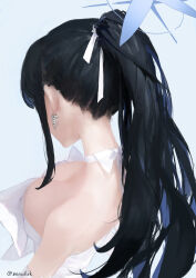 Rule 34 | 1girl, absurdres, bare shoulders, black hair, blue archive, blue halo, breasts, choker, cleavage, downblouse, dress, earrings, from behind, hair ribbon, halo, highres, jewelry, large breasts, long hair, mole, mole on breast, nape, no bra, official alternate costume, ponytail, ribbon, saori (blue archive), saori (dress) (blue archive), solo, strapless, strapless dress, twitter username, white choker, white dress, zeradok