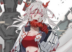 Rule 34 | 1girl, arknights, bandeau, bead bracelet, beads, blood, blood in hair, bracelet, braid, breasts, cleavage, commentary request, hair between eyes, hand up, highres, horns, jacket, jewelry, large breasts, long hair, long sleeves, mabing, midriff, nian (arknights), open clothes, open jacket, pink eyes, silver hair, solo, strapless, tube top, twin braids, upper body, white jacket, wide sleeves