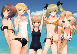 Rule 34 | &gt;:d, 10s, 5girls, :d, absurdres, american flag bikini, american flag print, anchovy (girls und panzer), armpits, arms up, ass, bent over, between breasts, bikini, black bikini, blonde hair, blue bikini, blush, breasts, brown eyes, brown hair, casual one-piece swimsuit, choker, cleavage, contrapposto, covered erect nipples, covered navel, darjeeling (girls und panzer), day, detexted, dog tags, drill hair, fangs, flag print, front-tie bikini top, front-tie top, girls und panzer, gluteal fold, green hair, grin, hair between eyes, hands on own chest, highleg, highleg swimsuit, highres, horizon, katyusha (girls und panzer), kay (girls und panzer), large breasts, leaning forward, light smile, long hair, looking at viewer, medium breasts, mismatched bikini, multiple girls, nishizumi maho, one-piece swimsuit, open mouth, orange bikini, outdoors, outstretched hand, parted bangs, print bikini, red eyes, scan, school swimsuit, short hair, side-tie bikini bottom, small breasts, smile, standing, strap slip, swimsuit, third-party edit, tony taka, twin drills, twintails, v-shaped eyebrows, white one-piece swimsuit