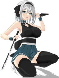 Rule 34 | 1girl, adapted costume, aqua eyes, black gloves, black hairband, black thighhighs, breasts, commentary request, fingerless gloves, full body, gloves, green skirt, grey hair, hair intakes, hairband, highres, holding, holding sword, holding weapon, konpaku youmu, kunai, large breasts, looking at viewer, ninja, open mouth, pleated skirt, short hair, simple background, skirt, solo, squatting, suiu shinotsuku, sword, thighhighs, touhou, weapon, white background, white footwear