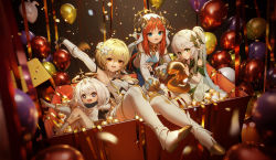 Rule 34 | 4girls, :d, absurdres, arm up, balloon, black eyes, blonde hair, blue eyes, boots, box, bracelet, breasts, confetti, crop top, curled horns, detached sleeves, dress, elf, genshin impact, green eyes, hair between eyes, halo, highres, horns, in box, in container, jewelry, long hair, long sleeves, looking at viewer, lumine (genshin impact), multiple girls, nahida (genshin impact), nilou (genshin impact), open mouth, paimon (genshin impact), pointy ears, ponytail, puffy long sleeves, puffy sleeves, red hair, red ribbon, resolution mismatch, revision, ribbon, small breasts, smile, source larger, starsd, thigh boots, white dress, white footwear, white hair, yellow eyes