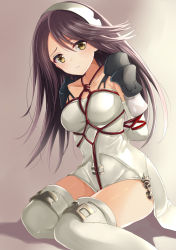 Rule 34 | 1girl, agnes oblige, arms behind back, bad id, bad pixiv id, bare shoulders, bdsm, black hair, blush, bondage, boots, bound, bravely default: flying fairy, bravely default (series), bravely second: end layer, breasts, brown eyes, crotch rope, dress, elbow gloves, gloves, gradient background, hairband, harimoji, highres, long hair, rope, shibari, shibari over clothes, sitting, solo, thighhighs, white footwear, white thighhighs