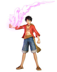 Rule 34 | 1boy, 3d, absurdres, black hair, denim, denim shorts, fighting stance, full body, hat, highres, male focus, monkey d. luffy, official art, one piece, one piece: pirate warriors, open clothes, open shirt, red shirt, sandals, scar, shirt, shorts, simple background, solo, stampede string, straw hat, white background