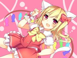 Rule 34 | 1girl, :d, animal ears, bad id, bad twitter id, blonde hair, blush, bow, bowtie, cat ears, cat tail, cowboy shot, dutch angle, flandre scarlet, hair bow, hand up, highres, index finger raised, karasusou nano, kemonomimi mode, looking at viewer, one side up, open mouth, pink eyes, red bow, red skirt, short sleeves, skirt, skirt set, smile, solo, tail, touhou, yellow bow, yellow bowtie
