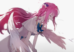 Rule 34 | 1girl, absurdres, blue archive, blue bow, blue bowtie, bow, bowtie, capelet, closed eyes, crying, dress, from side, furrowed brow, hair bun, hair ornament, highres, leaning forward, long hair, low wings, mika (blue archive), open mouth, pink hair, sh (shinh), sidelocks, solo, tears, upper body, white background, white dress, wings