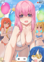 Rule 34 | + +, 4girls, @ @, ahoge, angry, ball, balloon, bare arms, bare shoulders, beachball, bikini, blonde hair, blue bikini, blue eyes, blue hair, blue sky, blush, bocchi the rock!, bow, bow bikini, breasts, cleavage, cloud, cloudy sky, collarbone, commentary, crossed arms, cube hair ornament, day, empty eyes, english commentary, frilled bikini, frills, glint, gotoh hitori, hair between eyes, hair ornament, highres, holding, holding ball, holding beachball, ijichi nijika, kangbus, kita ikuyo, large breasts, leaning forward, lips, long bangs, long hair, looking at viewer, medium hair, mole, mole under eye, multiple girls, navel, nervous, one side up, open mouth, orange bikini, orange eyes, orange hair, outdoors, parted bangs, pink hair, raised eyebrows, reaching, reaching towards viewer, recording, side-tie bikini bottom, side ponytail, sky, smile, stomach, strapless, strapless bikini, striped bikini, striped clothes, sweat, swimsuit, tearing up, thighs, trembling, v-shaped eyebrows, viewfinder, white bikini, yamada ryo, yellow eyes