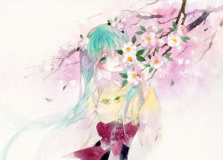 Rule 34 | 1girl, alternate eye color, alternate hair color, black corset, bow, branch, closed mouth, corset, daisy, falling leaves, flower, green eyes, green hair, hatsune miku, leaf, light smile, long sleeves, looking at viewer, nail polish, one eye covered, painting (medium), purple bow, purple nails, rei (456789io), shirt, solo, traditional media, twintails, upper body, vocaloid, watercolor (medium), white background, yellow shirt