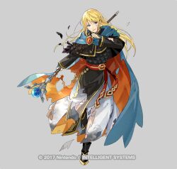 Rule 34 | 1boy, androgynous, belt buckle, black capelet, black footwear, black robe, blonde hair, blue bridal gauntlets, blue cape, blue eyes, boots, bridal gauntlets, buckle, cape, capelet, clenched hand, copyright notice, dirty, dirty clothes, feather trim, fire emblem, fire emblem heroes, full body, furrowed brow, grey background, hand up, holding, holding staff, long hair, long sleeves, looking at viewer, lucius (fire emblem), male focus, nintendo, official art, orange cape, parted lips, red sash, robe, sash, simple background, solo, staff, standing, standing on one leg, sweatdrop, swept bangs, tobi (kotetsu), torn clothes, two-sided cape, two-sided fabric, white robe
