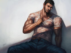 Rule 34 | 1boy, bara, beard, brown hair, chest hair, chris redfield, clothes pull, commentary request, covered abs, covered erect nipples, covered navel, dark-skinned male, dark skin, denim, facial hair, jeans, looking at viewer, male focus, mature male, muscular, muscular male, mustache, navel, navel hair, nick300, pants, pectoral cleavage, pectorals, pubic hair, pubic hair peek, pulling own clothes, resident evil, resident evil 5, see-through, shirt, shirt pull, short hair, sideburns, solo, spread legs, stubble, wet, wet clothes, wet shirt