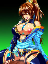 Rule 34 | 1boy, 1girl, alternate costume, breast slip, breasts, brown hair, censored, clenched teeth, cowgirl position, dead or alive, girl on top, hetero, kasumi (doa), large breasts, nipples, ponytail, raburebo, sex, solo focus, straddling, tecmo, teeth, vaginal