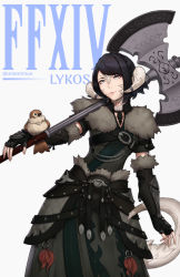 Rule 34 | 1girl, animal on arm, artist name, au ra, warrior of light (ff14), axe, battle axe, belt, bird, bird on arm, black hair, braid, character name, commentary, commission, copyright name, dragon horns, dragon tail, elbow gloves, english commentary, final fantasy, final fantasy xiv, fingerless gloves, french braid, fur-trimmed gloves, fur trim, gloves, grey eyes, hip armor, holding, holding weapon, horns, jewelry, lykos (quashlykos), necklace, scales, short hair, short sleeves, smile, solo, swept bangs, tail, twitter username, unsomnus, warrior (final fantasy), weapon, white background