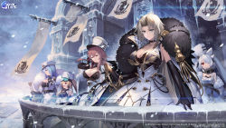 Rule 34 | + +, 5girls, absurdres, arkhangelsk (azur lane), azur lane, balcony, banner, black bra, black choker, black gloves, blonde hair, blue eyes, blue hair, bra, breasts, brown hair, center opening, choker, cleavage, closed eyes, closed mouth, cloud, cloudy sky, coat, cold, commentary, cowboy shot, criss-cross halter, cross, earrings, elbow gloves, english commentary, expressionless, eyelashes, fur-trimmed sleeves, fur hat, fur scarf, fur trim, gloves, goggles, goggles on head, grey sky, hair between eyes, hair over one eye, halterneck, hand in own hair, hand on hilt, hat, highres, jewelry, kiev (azur lane), kronshtadt (azur lane), lace, lace-trimmed bra, lace trim, large breasts, light blue hair, lips, logo, long hair, medium breasts, mole, mole on breast, multiple girls, nakamura eight, northern parliament (emblem), o-ring, official art, open mouth, outdoors, oversized breast cup, parted bangs, peaked cap, pom pom (clothes), red eyes, saber (weapon), second-party source, sheath, sheathed, silver hair, sky, sleeveless, smile, snow, snowing, soobrazitelny (azur lane), sword, twintails, underwear, ushanka, v-shaped eyebrows, volga (azur lane), warhammer 40k, watermark, weapon, white coat, white headwear, wind, yellow eyes