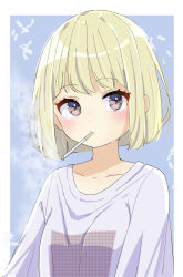 Rule 34 | 1girl, absurdres, blonde hair, blue background, bob cut, border, brown eyes, cigarette, collarbone, commentary request, feathers, halftone, highres, jyoji00, light blush, looking at viewer, mouth hold, original, outside border, shirt, short hair, simple background, smoke, smoking, solo, upper body, white border, white shirt
