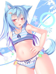 Rule 34 | 1girl, :d, animal ears, bad id, bad pixiv id, blue hair, blush, bra, breasts, cameltoe, circle, curvy, dog ears, dog tail, dragoner, fang, food, fruit, hair ornament, hairclip, hand on own hip, hinanawi tenshi, long hair, naughty face, navel, open mouth, panties, peach, red eyes, small breasts, smile, smug, solo, striped bra, striped clothes, striped panties, tail, touhou, underwear, underwear only, wide hips