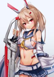 Rule 34 | 1girl, arm at side, ayanami (azur lane), azur lane, bandaid, bandaid on arm, bare shoulders, blue sailor collar, blue skirt, breasts, collarbone, commentary, cowboy shot, crop top, detached sleeves, hair between eyes, head tilt, headgear, high ponytail, holding, holding sword, holding weapon, looking at viewer, medium breasts, navel, no bra, pleated skirt, ponytail, red eyes, remodel (azur lane), sailor collar, school uniform, serafuku, shirt, sideboob, skirt, sleeveless, solo, standing, sword, symbol-only commentary, weapon, west 24, white shirt, yellow neckwear
