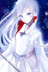 Rule 34 | 10s, 1girl, 2013, bad id, bad pixiv id, blue eyes, character name, colored skin, copyright name, dated, dress, earrings, hanaka, jewelry, long hair, necklace, ponytail, rwby, scar, side ponytail, snowflakes, solo, sword, weapon, weiss schnee, white hair, white skin