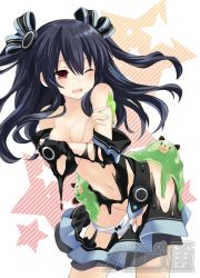 Rule 34 | 10s, 1girl, black hair, bow, bow panties, breasts, derivative work, dogoo, hair ornament, highres, long hair, medium breasts, melting, neptune (series), official art, panties, panty pull, red eyes, simple background, solo, tearing up, torn clothes, transparent background, tsunako, twintails, two side up, underwear, uni (neptunia), white panties
