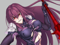 Rule 34 | 1girl, akx90000, armor, blurry, blurry background, blush, bodysuit, breasts, clenched teeth, covered erect nipples, fangs, fate/grand order, fate (series), female focus, floating hair, gae bolg (fate), grey background, grin, hair intakes, holding, holding polearm, holding spear, holding weapon, large breasts, leaning, leaning to the side, long hair, looking at viewer, pauldrons, polearm, purple bodysuit, purple hair, red eyes, scathach (fate), shoulder armor, shoulder pads, simple background, skin tight, slit pupils, smile, solo, spear, teeth, torn bodysuit, torn clothes, type-moon, upper body, very long hair, weapon