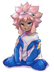 Rule 34 | 1boy, androgynous, blush, dark skin, dark-skinned male, goggles, goggles on head, highres, inazuma eleven, inazuma eleven (series), jacket, long hair, male focus, open mouth, pink hair, shiroabe, shirt, simple background, smile, solo, sportswear, tsunami jousuke, white background, white shirt