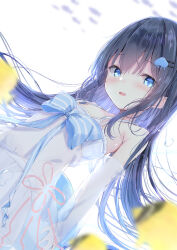 Rule 34 | 1girl, :d, animal, bare shoulders, black hair, blue bow, blue eyes, blurry, blurry foreground, blush, bow, commentary request, covered navel, depth of field, detached sleeves, dress, dutch angle, fish, hair between eyes, hair ornament, hairclip, highres, kouda suzu, long hair, long sleeves, looking at viewer, navel, open mouth, original, puffy long sleeves, puffy sleeves, see-through, see-through sleeves, sleeveless, sleeveless dress, sleeves past wrists, smile, solo, striped bow, very long hair, white dress