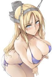 Rule 34 | 1girl, arms under breasts, bikini, blonde hair, blue bikini, blue eyes, blush, breasts, cleavage, collarbone, embarrassed, headgear, highres, kantai collection, large breasts, looking at viewer, nelson (kancolle), side-tie bikini bottom, simple background, solo, swimsuit, white background, zekkyon