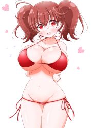Rule 34 | 1girl, alternate breast size, arms behind back, bikini, blush, breasts, collarbone, cowboy shot, dot nose, edomae elf, embarrassed, eyebrows, eyelashes, female focus, flying sweatdrops, hand on own arm, heart, highres, huge breasts, imai kazunari, long hair, looking at viewer, matching hair/eyes, navel, open mouth, red bikini, red eyes, red hair, sakuraba koma, simple background, solo, standing, swimsuit, white background, wide hips