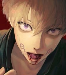 Rule 34 | 1boy, black shirt, blonde hair, blood, blood from mouth, facial tattoo, gugong (90 un), hair between eyes, hand up, inumaki toge, jujutsu kaisen, looking at viewer, male focus, open mouth, portrait, purple eyes, red background, shirt, short hair, solo, sweat, tattoo, upper body