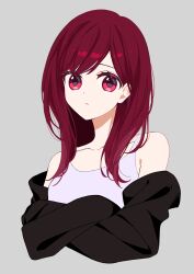 Rule 34 | 1girl, absurdres, arima kana, black jacket, closed mouth, grey background, highres, jacket, long hair, looking at viewer, oshi no ko, red eyes, red hair, shirt, simple background, solo, upper body, white shirt, xiang yu pai
