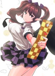 Rule 34 | 1girl, black necktie, breasts, brown eyes, brown hair, camera phone, cellphone, checkered clothes, checkered skirt, cowboy shot, flip phone, hat, highres, himekaidou hatate, holding, holding phone, large breasts, looking at viewer, miniskirt, necktie, phone, pointy ears, shirt, short sleeves, skirt, solo, tokin hat, touhou, twintails, white shirt, wings, y2