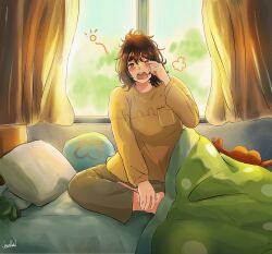 Rule 34 | 1girl, artist name, barefoot, blush, brown shirt, creatrail, curtains, highres, indian style, jimiko, long sleeves, looking at viewer, messy hair, morning, original, pillow, pocket, rubbing eyes, saliva, shirt, sitting, solo, stuffed animal, stuffed toy, thick eyebrows, under covers, waking up, yawning