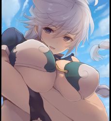 Rule 34 | 10s, 1girl, braid, breast hold, breasts, cloud, cloud print, cloudy sky, day, dyson (edaokunnsaikouya), female focus, from below, gradient background, hair between eyes, kantai collection, large breasts, long hair, looking at viewer, open mouth, silver hair, single braid, sky, solo, torn clothes, underboob, unryuu (kancolle), upper body, very long hair, wavy hair, yellow eyes