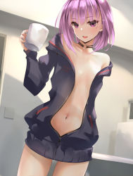 Rule 34 | 1girl, bare shoulders, black jacket, blush, breasts, center opening, choker, collarbone, cup, fate/grand order, fate (series), helena blavatsky (fate), highres, jacket, looking at viewer, mug, navel, open mouth, purple eyes, purple hair, sakazakinchan, short hair, small breasts, smile, solo, thighs