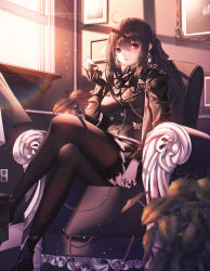 Rule 34 | 1girl, absurdres, ahoge, aiguillette, armchair, bad id, bad pixiv id, black footwear, black gloves, black hair, black jacket, black pantyhose, black ribbon, black skirt, blue eyes, breasts, buttons, card, chain, chair, cross, crossed legs, diamond (shape), domi (hongsung0819), double-breasted, earrings, electrical outlet, garter straps, gloves, hair ribbon, heterochromia, highres, holding, holding card, huge filesize, indoors, iron cross, jacket, jewelry, lens flare, long hair, long sleeves, looking at viewer, medium breasts, miniskirt, mole, mole under eye, neck ribbon, original, painting (object), pantyhose, parted lips, picture frame, playing card, pleated skirt, ponytail, red eyes, ribbon, ring, single glove, skirt, smile, solo, sunlight, thighband pantyhose, window