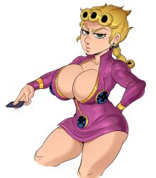Rule 34 | 1girl, blonde hair, braid, breasts, bug, cleavage cutout, clothing cutout, condom, condom wrapper, detnox, eyelashes, genderswap, genderswap (mtf), giorno giovanna, green eyes, hand on own hip, highres, holding, holding condom, insect, jacket, jojo no kimyou na bouken, ladybug, large breasts, looking at viewer, pink jacket, standing, thick thighs, thighs, vento aureo, wide hips