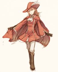 Rule 34 | 1990s (style), 1girl, alternate costume, boots, cape, feathers, final fantasy, final fantasy iii, gloves, hat, orange hair, pants, red mage (final fantasy), refia, retro artstyle, short hair, solo, weee (raemz)