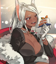 Rule 34 | 1girl, :d, animal ears, artist name, black choker, black dress, boku no hero academia, bracelet, breasts, cake, carrot cake, choker, cleavage, collarbone, commentary, crescent choker, cross, cross earrings, dark-skinned female, dark skin, dress, earrings, feather boa, food, gloves, holding, holding cake, holding food, jewelry, kadeart, large breasts, long eyelashes, long hair, looking at food, mirko, open mouth, parted bangs, pearl bracelet, ponytail, rabbit ears, rabbit girl, red eyes, smile, solo, symbol-only commentary, teeth, upper body, upper teeth only, white gloves, white hair