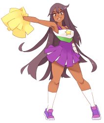 Rule 34 | 1girl, amputee, armpits, black hair, brown eyes, cheerleader, commentary, dark-skinned female, dark skin, dress, english commentary, katawa shoujo, legs apart, long hair, looking at viewer, miura miki, outstretched arm, parted lips, pom pom (cheerleading), rtil, simple background, sleeveless, sleeveless dress, smile, socks, solo, standing, very long hair, white background, white socks