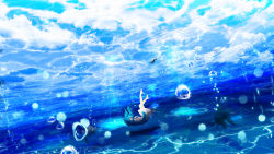Rule 34 | 1girl, bare legs, barefoot, blue hair, blue sky, bubble, closed eyes, cloud, cloudy sky, dress, fish, floating, highres, long hair, ocean, open mouth, original, reflection, scenery, sky, underwater, water, white dress, y y (ysk ygc)