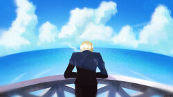 Rule 34 | 1boy, back, blonde hair, cloud, cloudy sky, commentary, english commentary, formal, highres, long sleeves, male focus, mcdobo, ocean, one piece, outdoors, sanji (one piece), short hair, sky, smoke, solo, standing, suit, water
