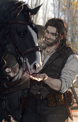 Rule 34 | 1boy, absurdres, animal, beard, belt, belt pouch, black pants, black vest, blurry, blurry background, brown belt, brown hair, cowboy shot, day, facial hair, green eyes, highres, horse, knife, licking another&#039;s hand, male focus, mature male, medium hair, mustache, nose, nyeigneous, original, outdoors, pants, pouch, reins, shirt, sleeves rolled up, smile, solo, standing, tree, vest, white shirt