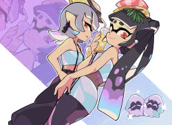 Rule 34 | 2girls, ^ ^, alternate form, arm at side, baggy pants, bare shoulders, black hair, black pants, black pantyhose, blue skirt, blue tube top, breasts, callie (splatoon), chain, chain earrings, chibi, chibi inset, closed eyes, closed mouth, commentary, cousins, cowboy shot, cup, drink, drinking glass, drinking straw, english commentary, food, food on head, fruit, gomipomi, gradient hair, grey hair, hand on own hip, holding, holding cup, holographic clothing, ice, ice cube, inkling, lemon, lemon slice, long hair, looking at viewer, marie (splatoon), medium hair, midriff, miniskirt, mole, mole under eye, multicolored hair, multiple girls, nintendo, object on head, official alternate costume, official alternate hairstyle, orange eyes, orange pupils, outline, oyster, pants, pantyhose, parted lips, pencil skirt, pink hair, pointy ears, purple hair, shrimp, sidelocks, skirt, small breasts, smile, sparkle, splatoon (series), splatoon 3, squid, star-shaped pupils, star (symbol), strapless, suspenders, symbol-shaped pupils, tentacle hair, tube top, twintails, very long hair, white background, white outline, zipper, zipper pull tab, zipper skirt, zoom layer