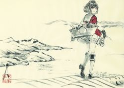 Rule 34 | 1girl, binoculars, china dress, chinese clothes, commentary request, dress, from behind, ink wash painting, kantai collection, looking at viewer, machinery, monochrome, mountain, red shirt, rudder footwear, sailor collar, sailor dress, sailor shirt, shirt, short hair, solo, spot color, takaharuti, tan yang (kancolle), walking, yukikaze (kancolle)