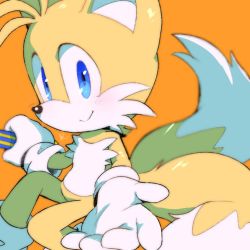 Rule 34 | 1boy, animal ears, blue eyes, blush, body fur, closed mouth, fox boy, fox ears, furry, furry male, gloves, looking at viewer, male focus, misuta710, multiple tails, orange background, outstretched hand, simple background, smile, solo, sonic (series), tail, tails (sonic), two tails, white gloves