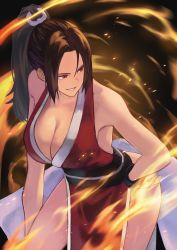 Rule 34 | 1girl, absurdres, breasts, brown hair, cleavage, fatal fury, fire, highres, large breasts, long hair, ninja, pelvic curtain, ponytail, revealing clothes, shiranui mai, smile, solo