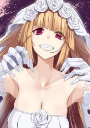 Rule 34 | 1girl, blonde hair, breasts, bridal veil, brooklyn (kancolle), cleavage, colored skin, dress, gloves, grin, highres, ifuji shinsen, kantai collection, large breasts, official alternate costume, red eyes, smile, torn clothes, upper body, veil, white dress, white gloves