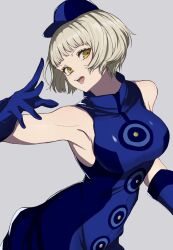 Rule 34 | 1girl, armpits, bare shoulders, blue dress, blue gloves, blue hat, blunt bangs, breasts, commentary, dress, elizabeth (persona), gloves, grey background, grey hair, hand up, hat, high collar, highres, looking at viewer, medium breasts, mini hat, open hand, open mouth, persona, persona 3, s-m-53413, short hair, sleeveless, sleeveless dress, solo, upper body, yellow eyes