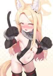 Rule 34 | 1girl, animal ear fluff, animal ears, animal hands, armpits, arms up, black gloves, black leotard, black thighhighs, blonde hair, blue archive, blue hair, breasts, cat tail, center opening, clenched hands, cosplay, elbow gloves, embarrassed, fake tail, fate/kaleid liner prisma illya, fate (series), forehead, fox ears, fox girl, fox tail, fur trim, gloves, gluteal fold, groin, halo, highleg, highleg leotard, highres, illyasviel von einzbern, illyasviel von einzbern (beast style), illyasviel von einzbern (beast style) (cosplay), illyasviel von einzbern (cosplay), leaning forward, leotard, long hair, navel, open mouth, paw gloves, paw pose, seia (blue archive), small breasts, solo, sonao, stomach, tail, thighhighs, thighs, yellow eyes