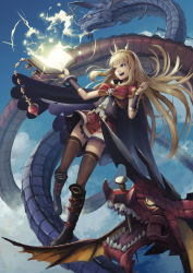 Rule 34 | 10s, 1girl, :d, alternate eye color, animal, black thighhighs, black vest, blonde hair, blue eyes, blue sky, blunt bangs, book, bow, bracelet, cagliostro (granblue fantasy), cloud, cloudy sky, day, floating hair, giant snake, granblue fantasy, hairband, highres, holding, holding book, jewelry, long hair, magic, miniskirt, nail, open book, open mouth, ouroboros (granblue fantasy), outdoors, oversized animal, red bow, red skirt, shirt, skirt, sky, sleeveless, smile, snake, solo, spikes, star (symbol), strap, t@kuyoa, teeth, thighhighs, vest, vial, white shirt, zettai ryouiki