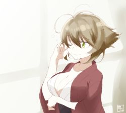 Rule 34 | 10s, 1girl, ;), bad id, bad twitter id, breasts, brown hair, cleavage, collarbone, female focus, green eyes, kantai collection, large breasts, messy hair, mutsu (kancolle), one eye closed, shigino sohuzi, short hair, smile, solo